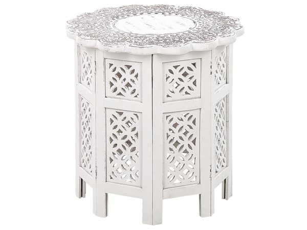 Sidobord Off-white med Snidade Mönster Mangoträ Vardagsrum Hall Rustik Orientalisk Marockansk Design