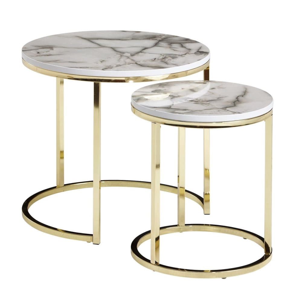 Rootz Round Side Tables Set of 2 White Marble Look Gold Metal Frame