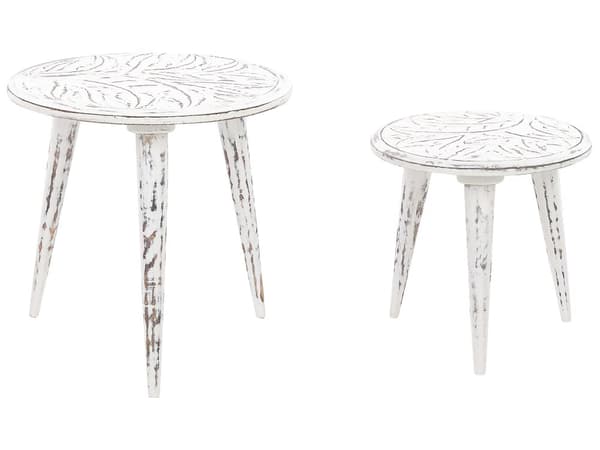 Sett med 2 Sidebord Hvit Mangotre Rund Moderne Endebord Stue Retro Vintage Design