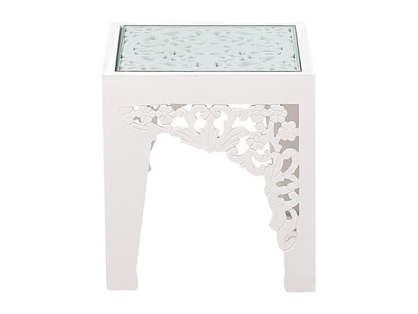 Set med 2 sidobord Vita med Snidade Bordsskivor i Glas Vardagsrum Hall Rustik Orientalisk