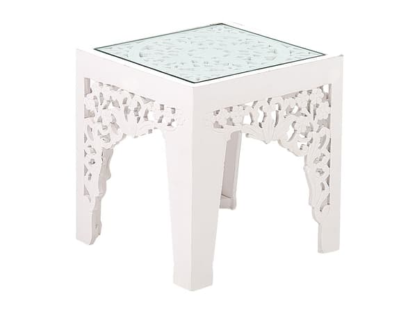 Set med 2 sidobord Vita med Snidade Bordsskivor i Glas Vardagsrum Hall Rustik Orientalisk