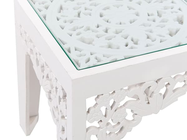 Set med 2 sidobord Vita med Snidade Bordsskivor i Glas Vardagsrum Hall Rustik Orientalisk