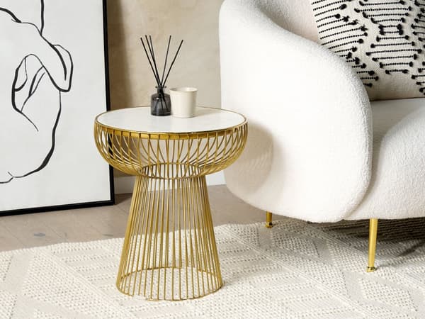 Sidebord Hvid Marmorplade Guld Metalstel 41 x 41 cm Rund Glam Moderne Stue Soveværelse