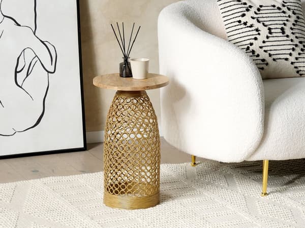 Sidebord Lyst Træ og Guld Mango Top Metal Rund Geometrisk Form Moderne Endebord
