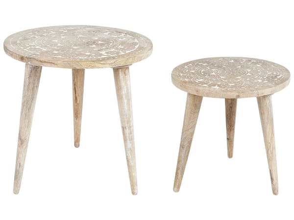 Sett med 2 Mango Sidebord Hvit Distressed Lys Mango Tre Rund Sidebord for stue Retro Vintage Design