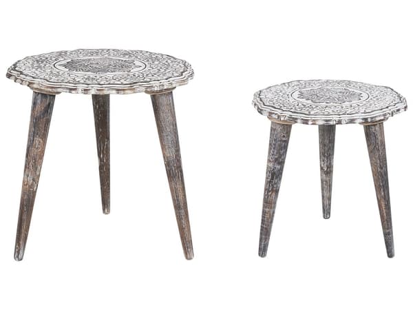 Indskudsborde Mørk Hvidt Mangotræ ø 45 / 35 cm Runde Små Sideborde til Sofa Vintage Design Blomster Mønster Hjørneborde til Stue Indretning