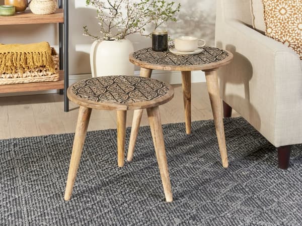 Set med 2 Sidobord Ljust Mangoträ Dekorativt Soff Sidobord Små Vardagsrumsmöbler Orientalisk Design
