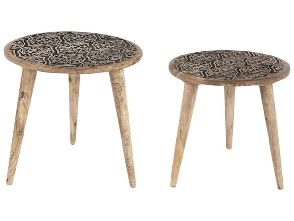 Set med 2 Sidobord Ljust Mangoträ Dekorativt Soff Sidobord Små Vardagsrumsmöbler Orientalisk Design