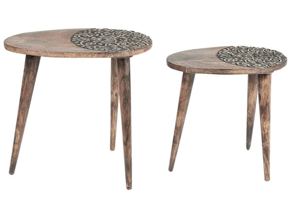 Set med 2 Sidobord Mörkt Mangoträ Dekorativt Soff Sidobord Små Vardagsrumsmöbler Orientalisk Design