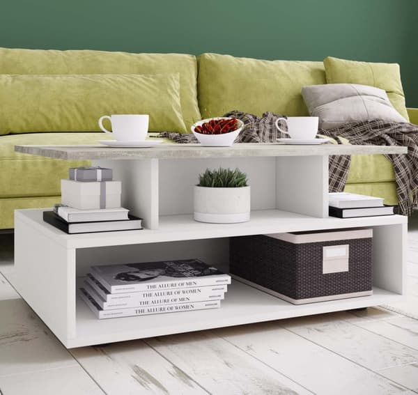 Esila soffbord 4 hyllor vit, betong dekor.