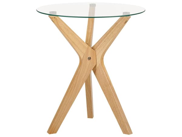 Sidobord Ljust trä Bordsskiva i härdat glas Ben i gummiträ ø 45 cm Runt ändbord Modernt vardagsrum