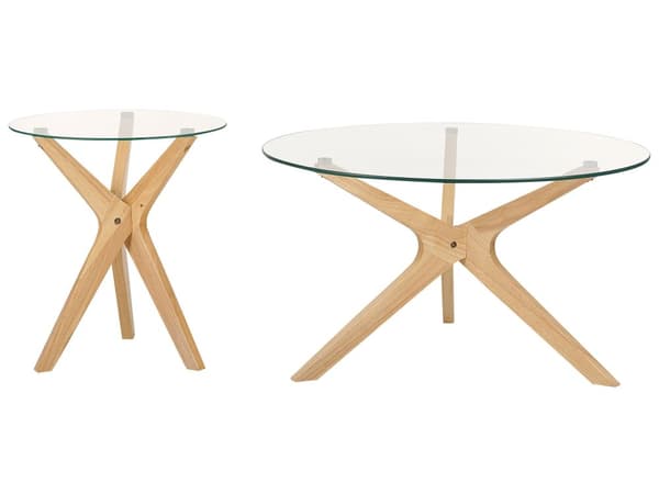 Set om 2 soffbord Ljust trä Bordsskiva i härdat glas Ben i gummiträ Runda Moderna Vardagsrum
