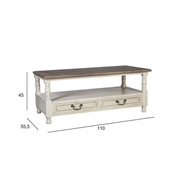 Sofabord SAMIRA NYHED 110x55,5xH45cm, antik hvid/naturlig
