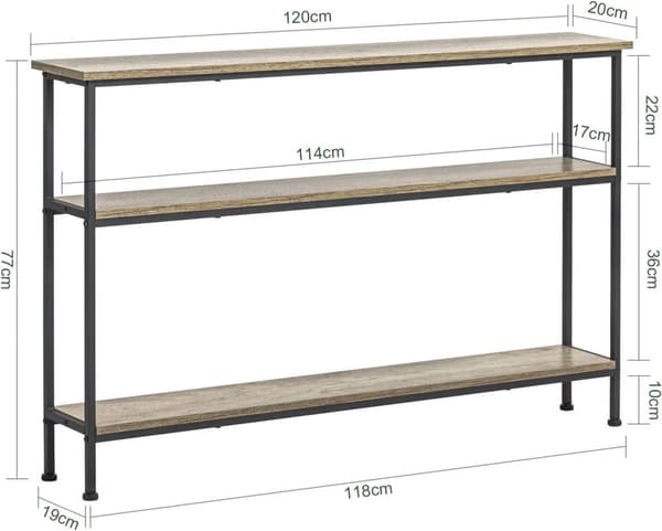 Rootz Konsol Bord Hall Bord Stue Bord Sofabord Smalt Sidebord Endebord med 3 hylder-B120 x D20 x H77cm