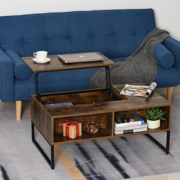 Rootz Coffee Table - Coffee Table - Height Adjustable Leaf - 100L x 60D x 40H cm - Storage Space - Top Lift - Space Saving - Brown - Processed Wood -