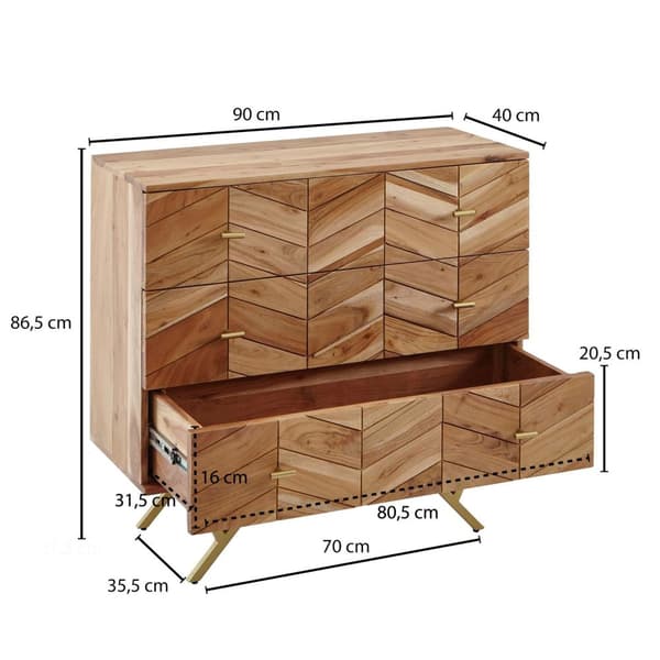 Rootz senkki - Massiivipuu akaasia - Metalli - Lipasto - 3 laatikkoa - 90 x 86,5 x 40 cm - Ruskea