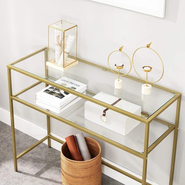 Rootz Konsolbord - Sidobord - 2 nivåer - Härdat glas - Metallram - Justerbara ben - Guld - 100 x 35 x 80 cm