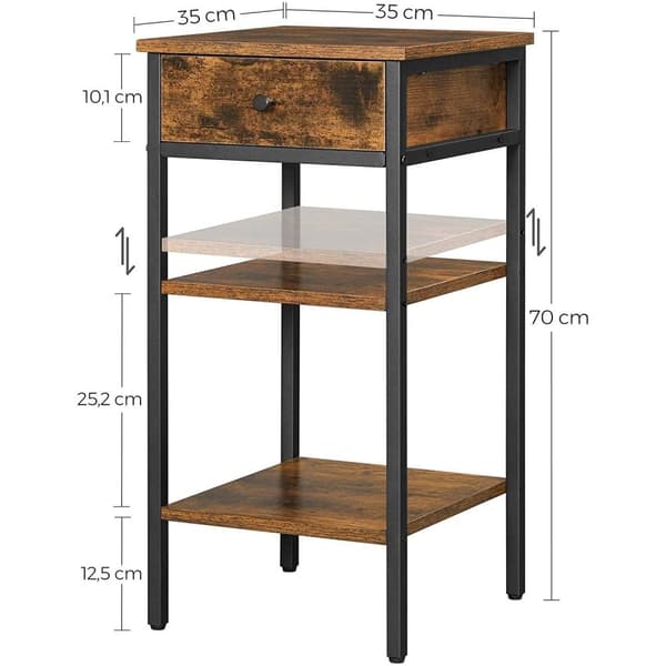 Rootz Sengebord - Sidebord - Skuffe - 2 hylder - 35 x 35 x 70 cm - Forarbejdet træ - Metal - Industriel - Brun - Sort
