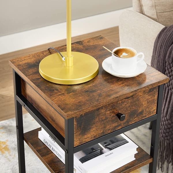 Rootz Sengebord - Sidebord - Skuffe - 2 hylder - 35 x 35 x 70 cm - Forarbejdet træ - Metal - Industriel - Brun - Sort