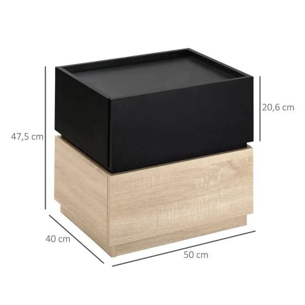 Rootz Sängbord - Soffbord med låda - Svart + Natur - 50 cm x 4 cm x 47,5 cm