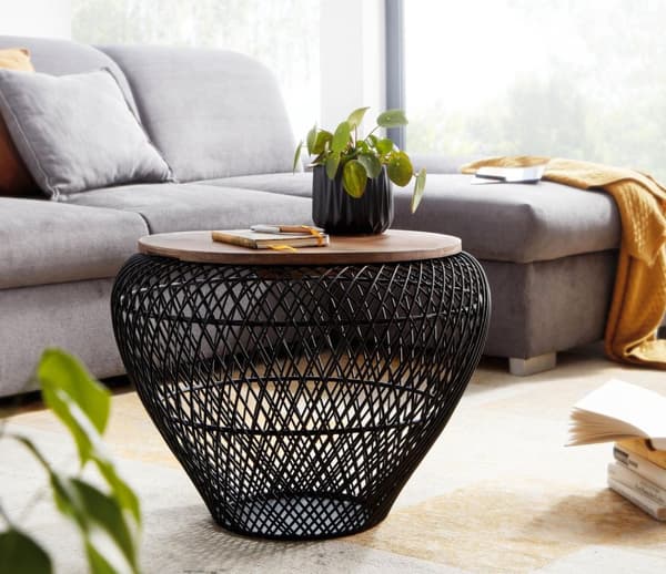 Rootz sofabord mango massivt træ metal 60x60x45 cm sort rundt med opbevaringsplads - Design stuebord fletbord moderne - Endebord sofa bord trådkurv st