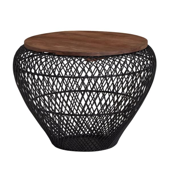 Rootz sofabord mango massivt træ metal 60x60x45 cm sort rundt med opbevaringsplads - Design stuebord fletbord moderne - Endebord sofa bord trådkurv st