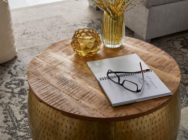 Rootz sohvapöytä mango massiivipuu metalli 60x60x40 cm kultainen pyöreä säilytystilalla - Design olohuoneen pöydän irrotettava kansi - Olohuoneen sohv