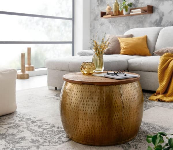 Rootz sohvapöytä mango massiivipuu metalli 60x60x40 cm kultainen pyöreä säilytystilalla - Design olohuoneen pöydän irrotettava kansi - Olohuoneen sohv