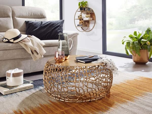 Rootz sohvapöytä metalli kulta 66x66x30 cm sohvapöytä alumiini pyöreä - Design olohuoneen pöytä haararakenteella - Pieni sohvapöytä Moderni - Sivupöyt