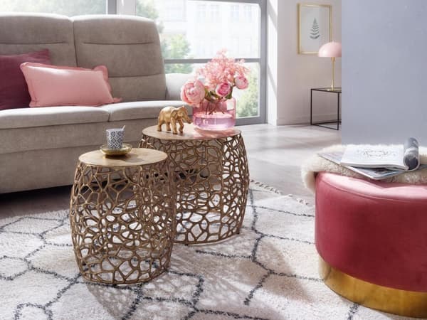 Rootz sidebord sæt med 2 aluminium guld design redeborde metal runde - Stue bord, sofabord, grenstruktur, moderne - 2-delt sofabord stue