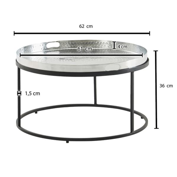 Rootz soffbord hamrad metall 62x62x36 cm soffbord aluminium silver svart - Design vardagsrumsbord avtagbar bricka rund - Brickbord vardagsrum - Sidobo