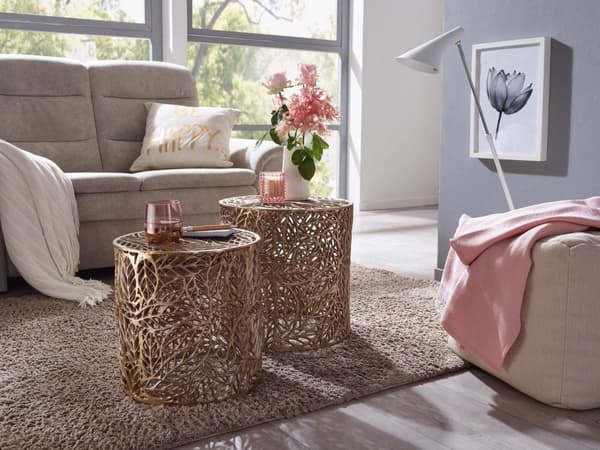 Rootz sidobord set med 2 aluminium guld design häckbord metall runda - Vardagsrumsbord Soffbord Blommönster Modernt - 2-delat soffbord vardagsrum Flor