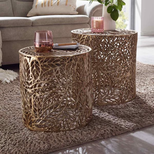 Rootz sidobord set med 2 aluminium guld design häckbord metall runda - Vardagsrumsbord Soffbord Blommönster Modernt - 2-delat soffbord vardagsrum Flor