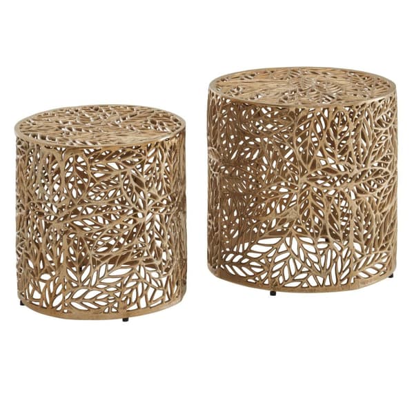 Rootz sidobord set med 2 aluminium guld design häckbord metall runda - Vardagsrumsbord Soffbord Blommönster Modernt - 2-delat soffbord vardagsrum Flor