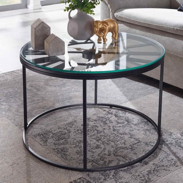 Rootz sofabord glas metal 60x60x43 cm sofabord sort med dekorativt ur - Design stuebord rundt - Lille sofabord Moderne - Sidebord sidebord stue