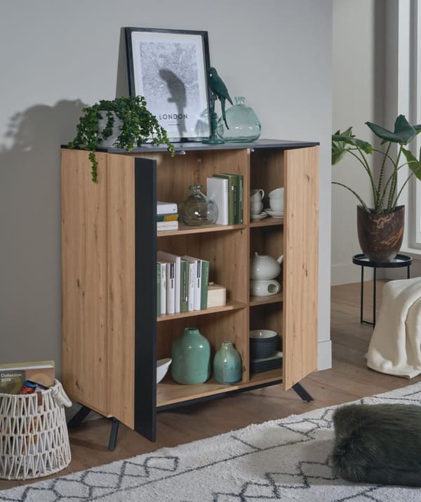 Rootz highboard 110x125x40 cm MDF senkki tammella - musta - lipasto 2 ovella - Lipasto hyllyllä - Eteisen kaappi moderni - Vapaasti seisova senkki met
