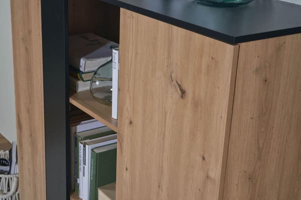 Rootz highboard 110x125x40 cm MDF senkki tammella - musta - lipasto 2 ovella - Lipasto hyllyllä - Eteisen kaappi moderni - Vapaasti seisova senkki met