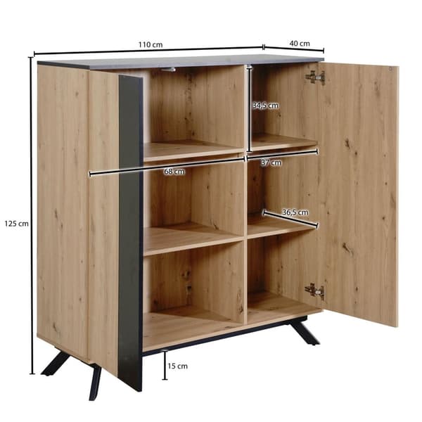 Rootz highboard 110x125x40 cm MDF senkki tammella - musta - lipasto 2 ovella - Lipasto hyllyllä - Eteisen kaappi moderni - Vapaasti seisova senkki met