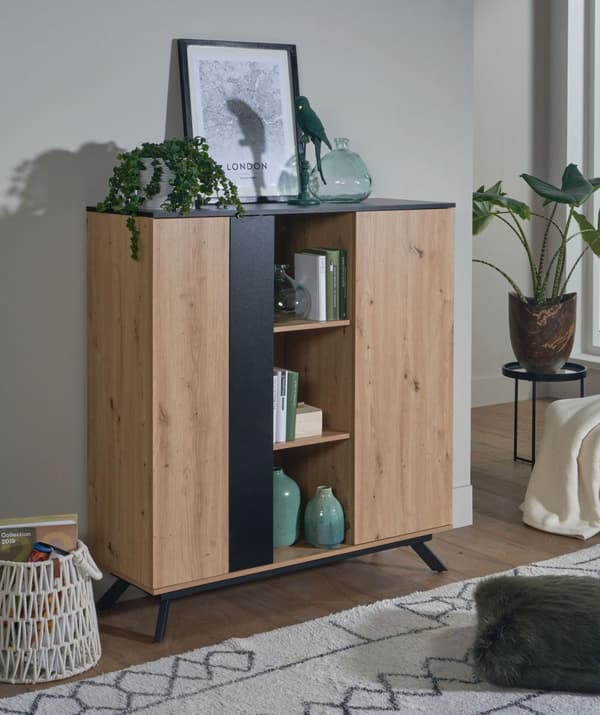 Rootz highboard 110x125x40 cm MDF senkki tammella - musta - lipasto 2 ovella - Lipasto hyllyllä - Eteisen kaappi moderni - Vapaasti seisova senkki met