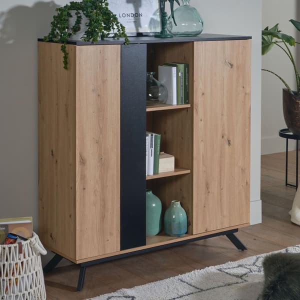 Rootz highboard 110x125x40 cm MDF senkki tammella - musta - lipasto 2 ovella - Lipasto hyllyllä - Eteisen kaappi moderni - Vapaasti seisova senkki met
