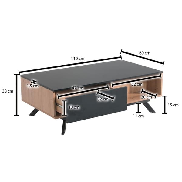 Rootz sohvapöytä 110x60x38 cm MDF tammi sisustus - musta olohuoneen pöytä - Suorakaiteen muotoinen sohvapöytä säilytystilalla - Sohvapöytä laatikoinee