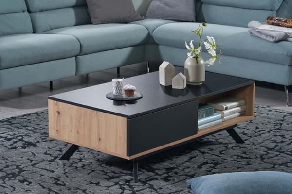 Rootz sohvapöytä 110x60x38 cm MDF tammi sisustus - musta olohuoneen pöytä - Suorakaiteen muotoinen sohvapöytä säilytystilalla - Sohvapöytä laatikoinee