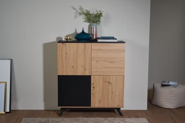 Rootz highboard 110x125x40 cm MDF senkki tammella - musta - lipasto 4 ovella - Lipastokaappi eteisen kaappi moderni - Vapaasti seisova senkki metallij