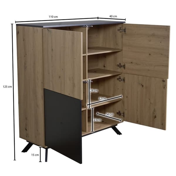 Rootz highboard 110x125x40 cm MDF senkki tammella - musta - lipasto 4 ovella - Lipastokaappi eteisen kaappi moderni - Vapaasti seisova senkki metallij