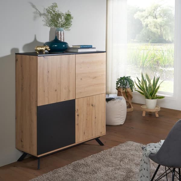 Rootz highboard 110x125x40 cm MDF senkki tammella - musta - lipasto 4 ovella - Lipastokaappi eteisen kaappi moderni - Vapaasti seisova senkki metallij