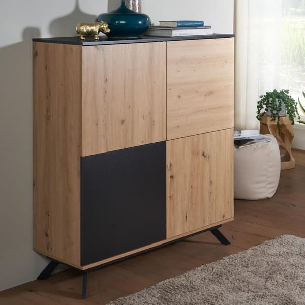 Rootz highboard 110x125x40 cm MDF senkki tammella - musta - lipasto 4 ovella - Lipastokaappi eteisen kaappi moderni - Vapaasti seisova senkki metallij