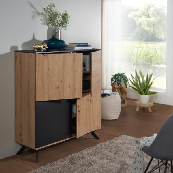 Rootz highboard 110x125x40 cm MDF senkki tammella - musta - lipasto 4 ovella - Lipastokaappi eteisen kaappi moderni - Vapaasti seisova senkki metallij