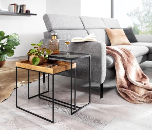 Rootz olohuoneen pöytäsetti 2 mango massiivipuuta - kivinen sivupöytä neliö - Design-sivupöytä Industrial - Sohvapöytä Suorakulmainen sohvapöytä - Lev