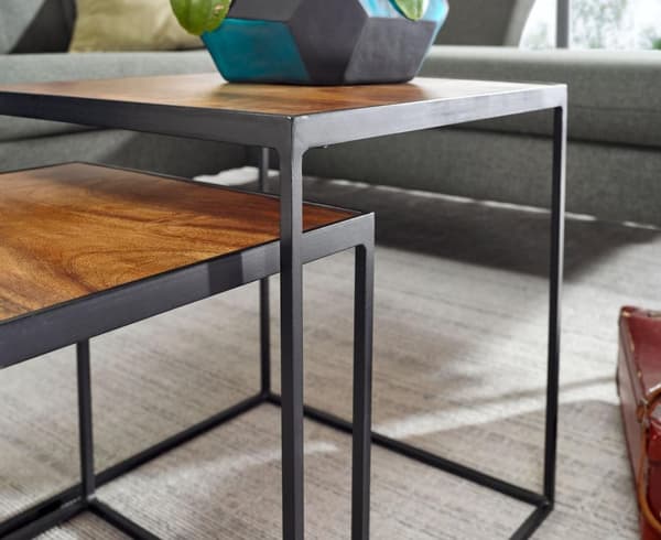 Rootz vardagsrumsbord set med 2 mango massivt trä - metall sidobord fyrkantigt - Design sidobord Industriell - Soffbord Fyrkantigt soffbord - Bordsund