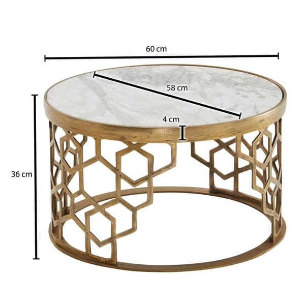 Rootz sohvapöytä aito marmori valkoinen 60x60x36 cm sohvapöytä metalli kulta - Design olohuoneen pöytä pyöreä - Pieni sohvapöytä Moderni - Sivupöytä s